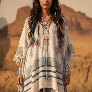 Anthropology Farm Rio Bohemian Embroidered Aztec One Size Poncho